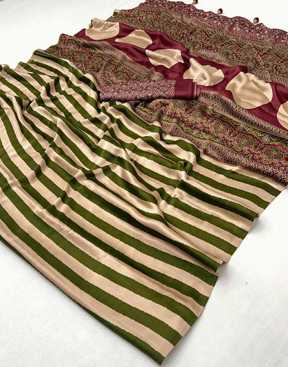 Olive Green Satin Printed Saree