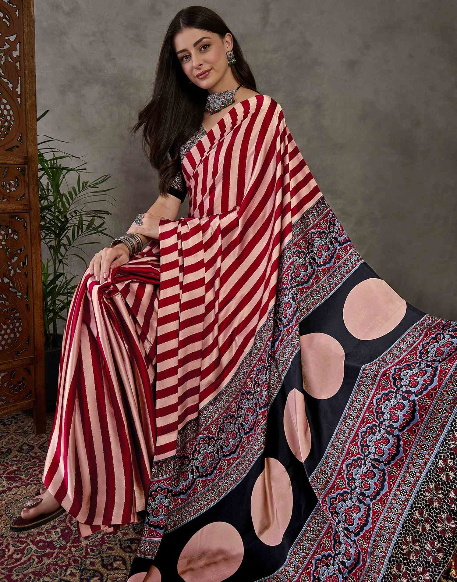Maroon Satin Printed Saree