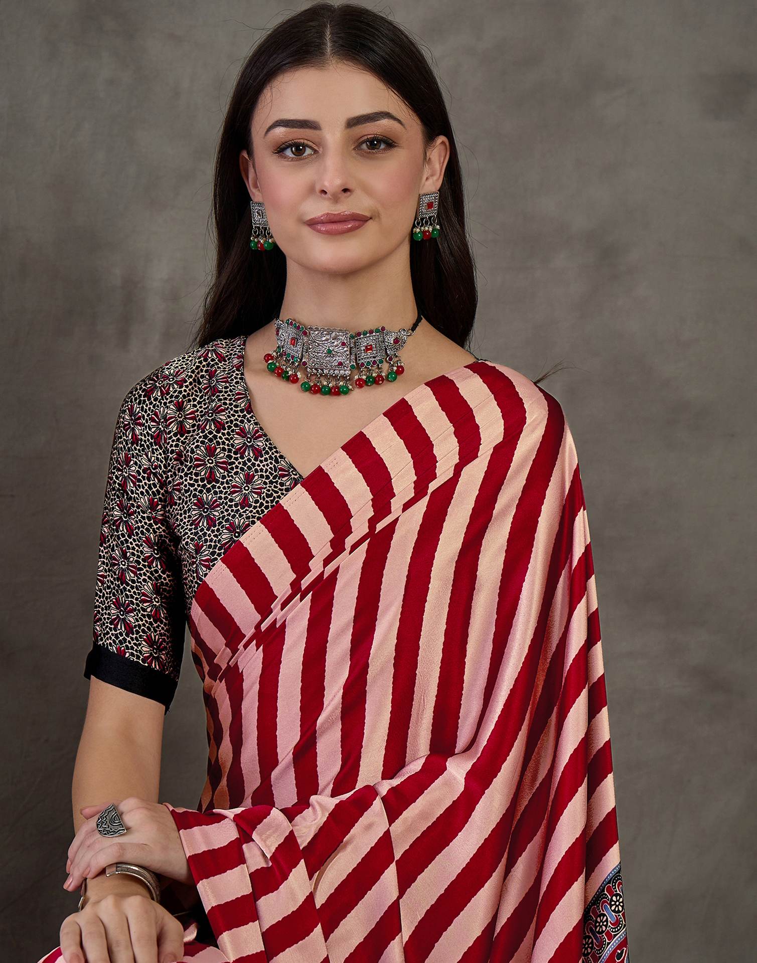 Maroon Satin Printed Saree