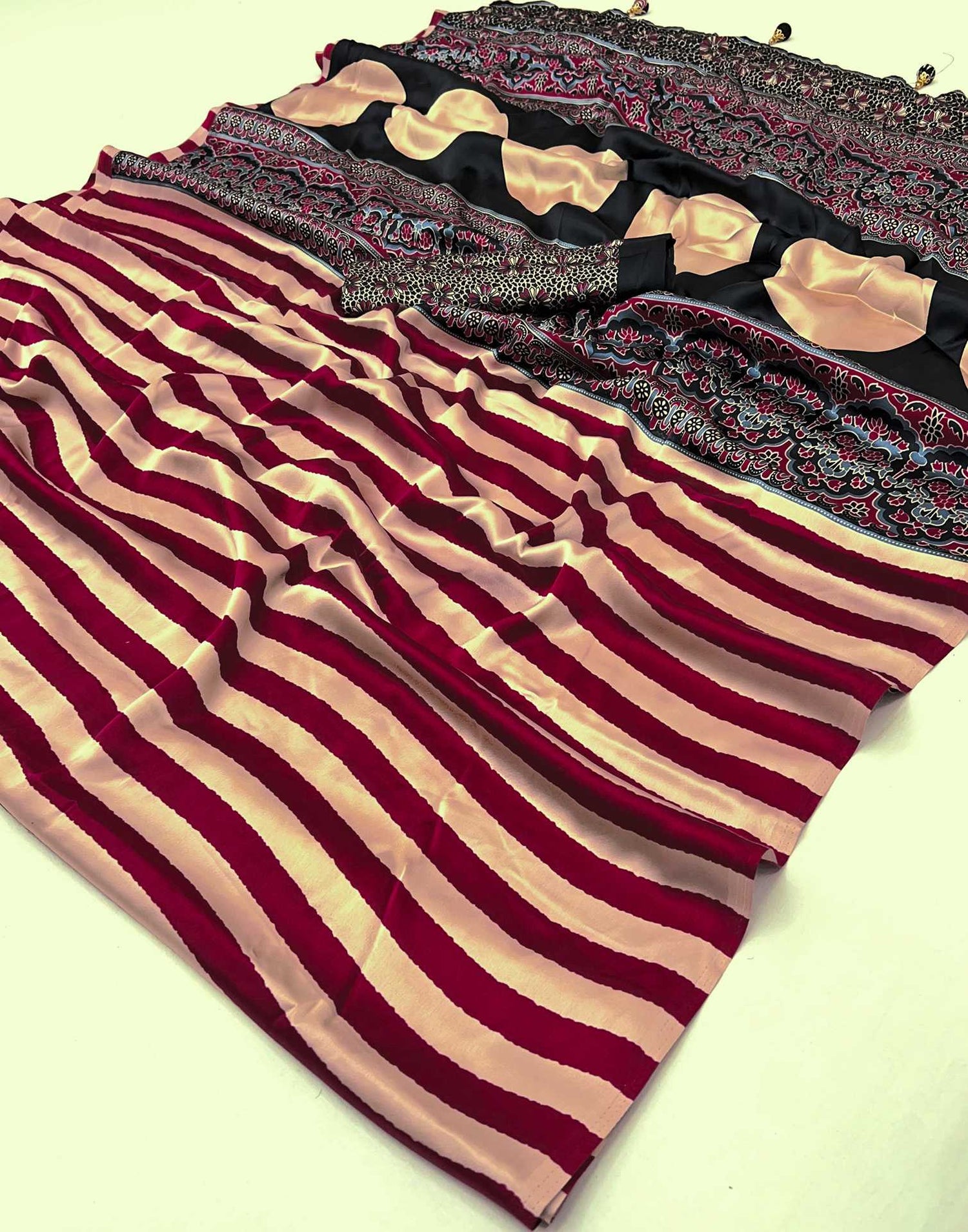 Maroon Satin Printed Saree