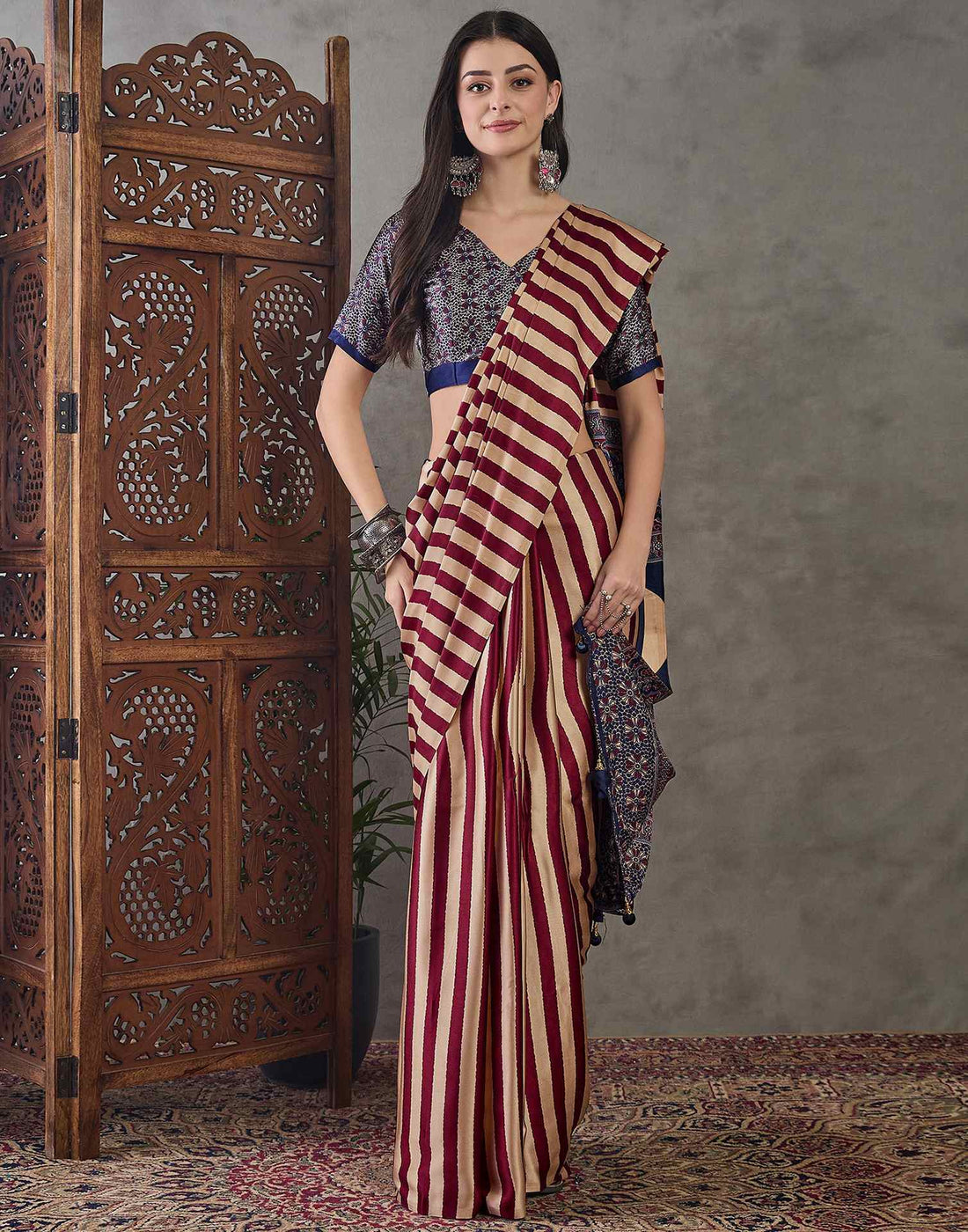 Wine Satin Printed Saree