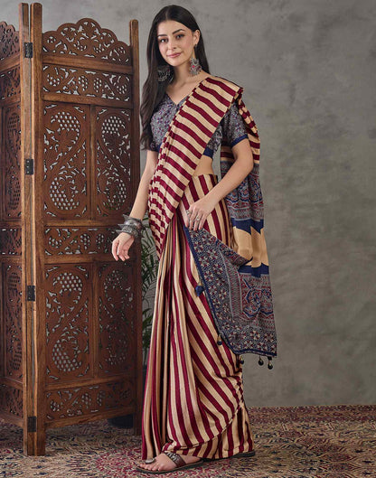 Wine Satin Printed Saree