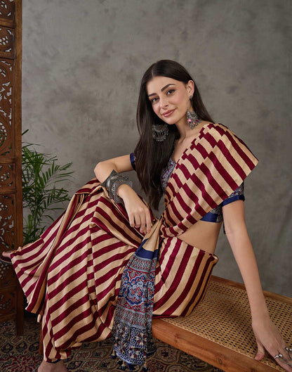 Wine Satin Printed Saree