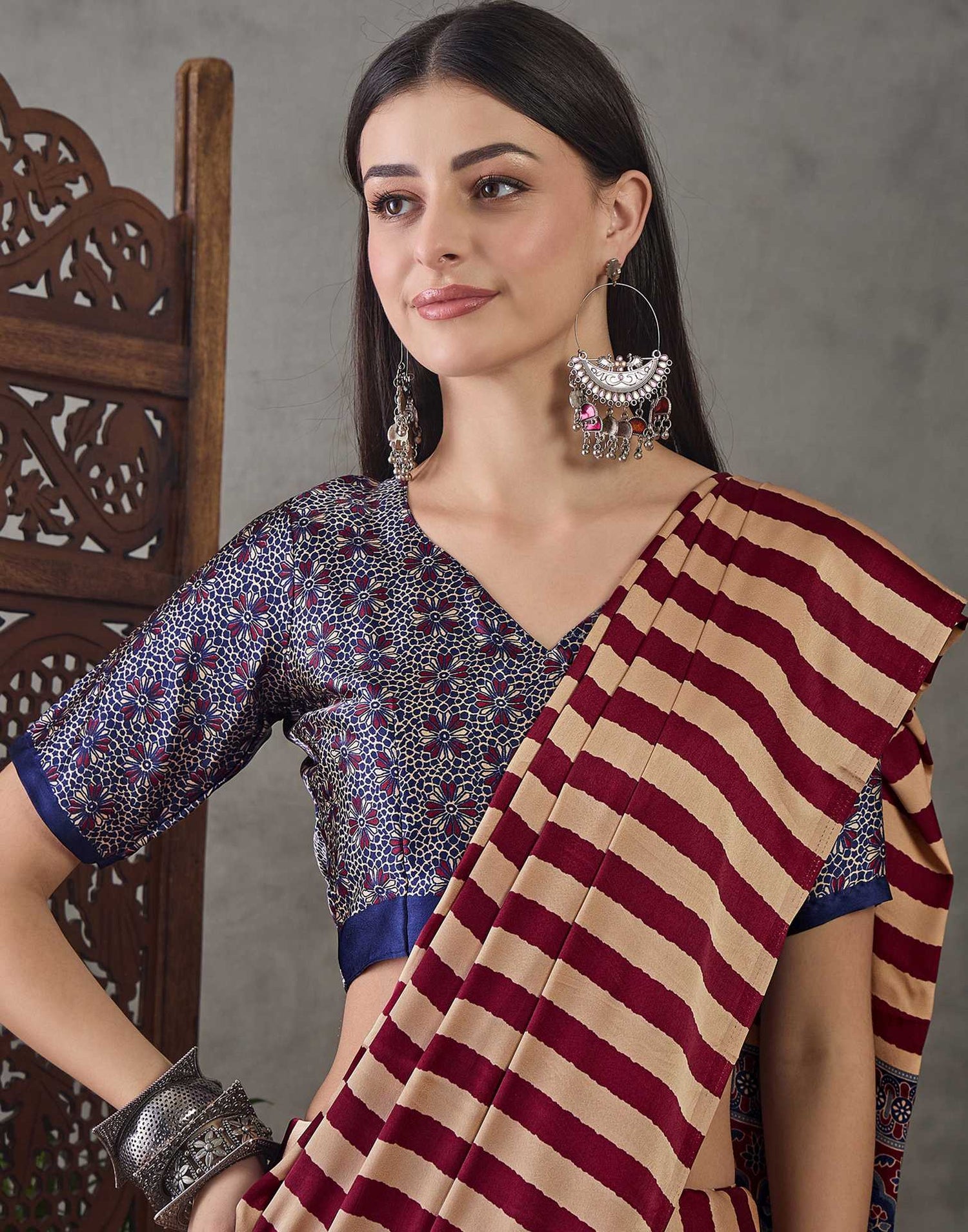 Wine Satin Printed Saree