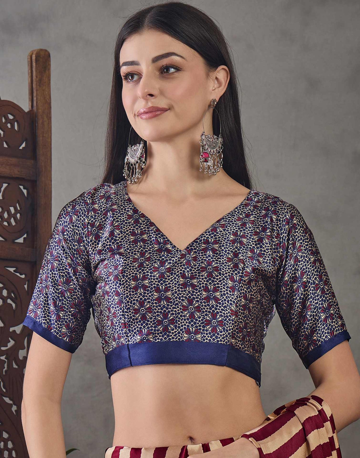 Wine Satin Printed Saree