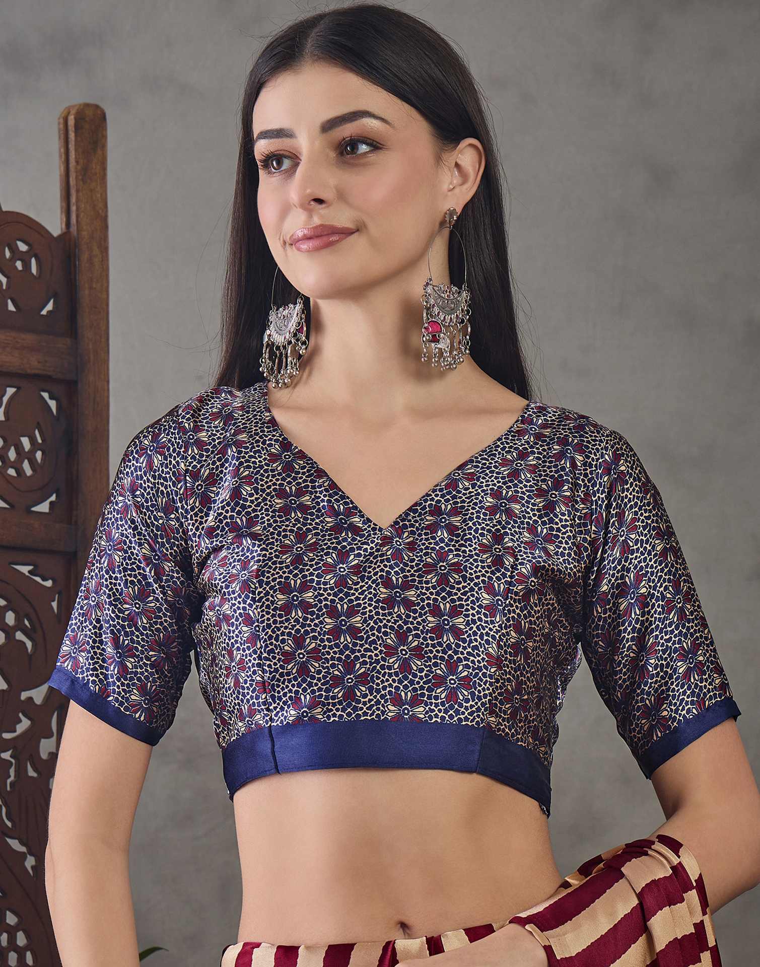 Wine Satin Printed Saree