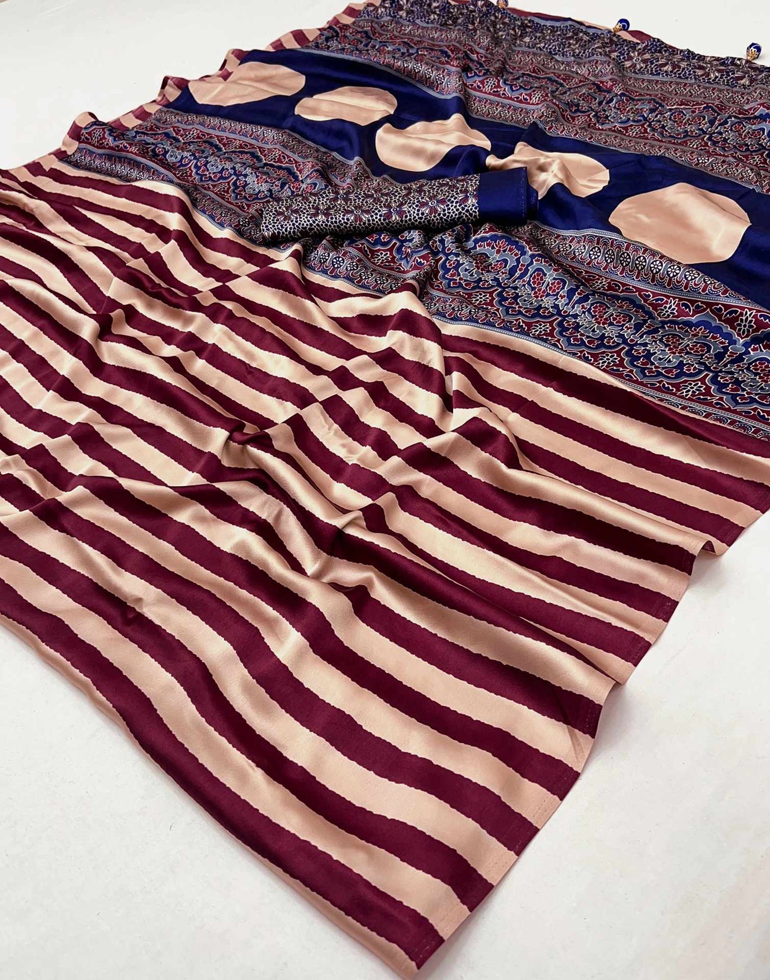 Wine Satin Printed Saree