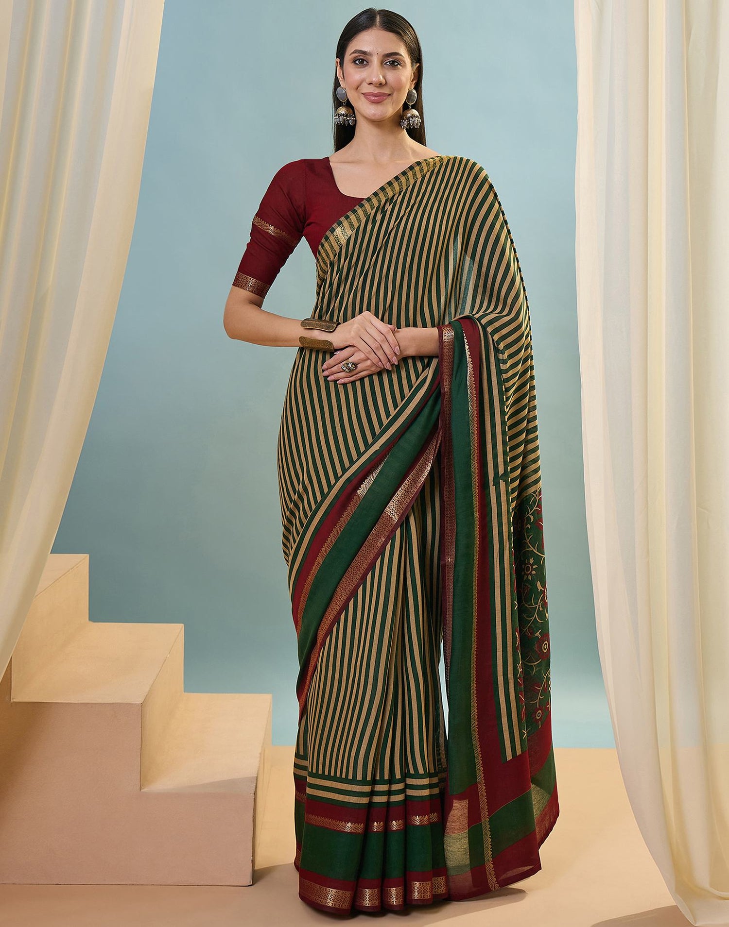 Green Cotton Printed Saree