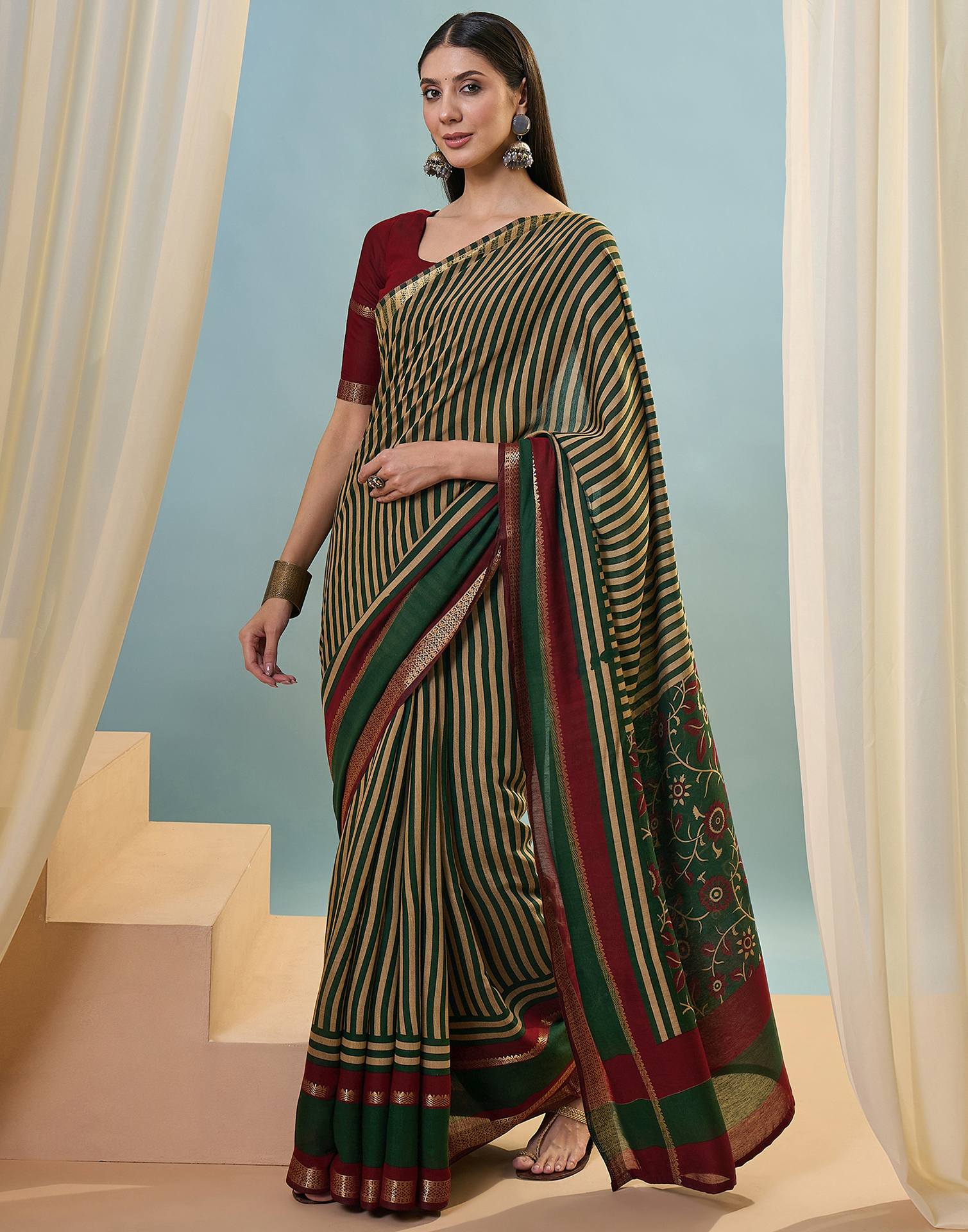 Green Cotton Printed Saree
