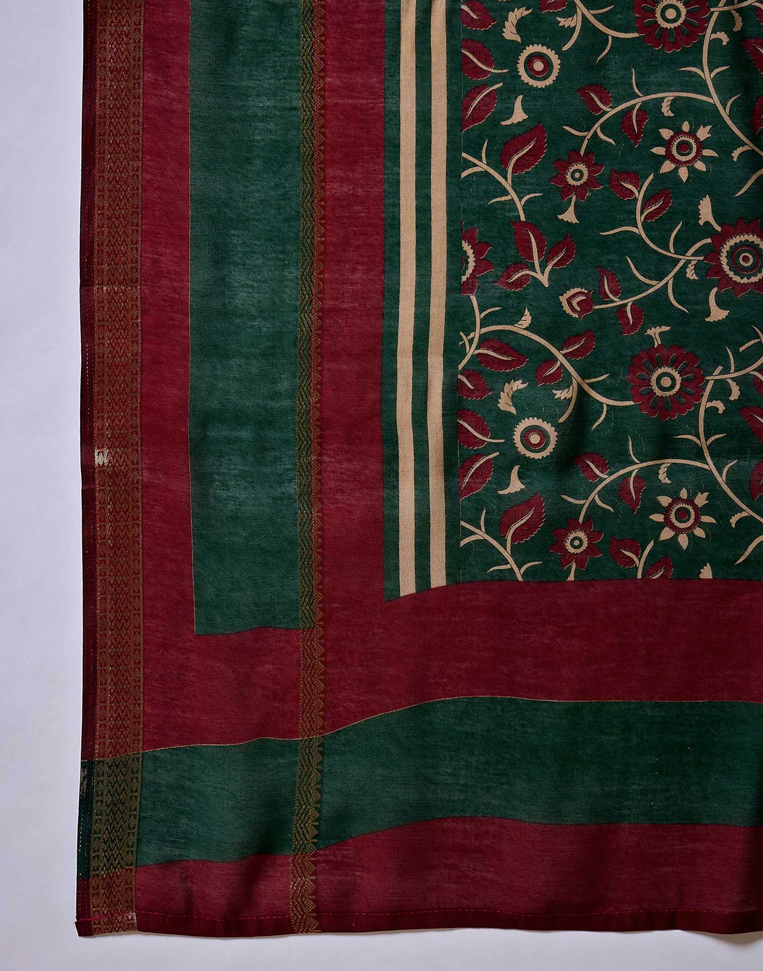 Green Cotton Printed Saree