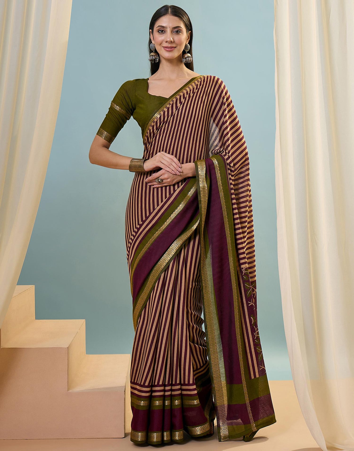 Wine Cotton Printed Saree