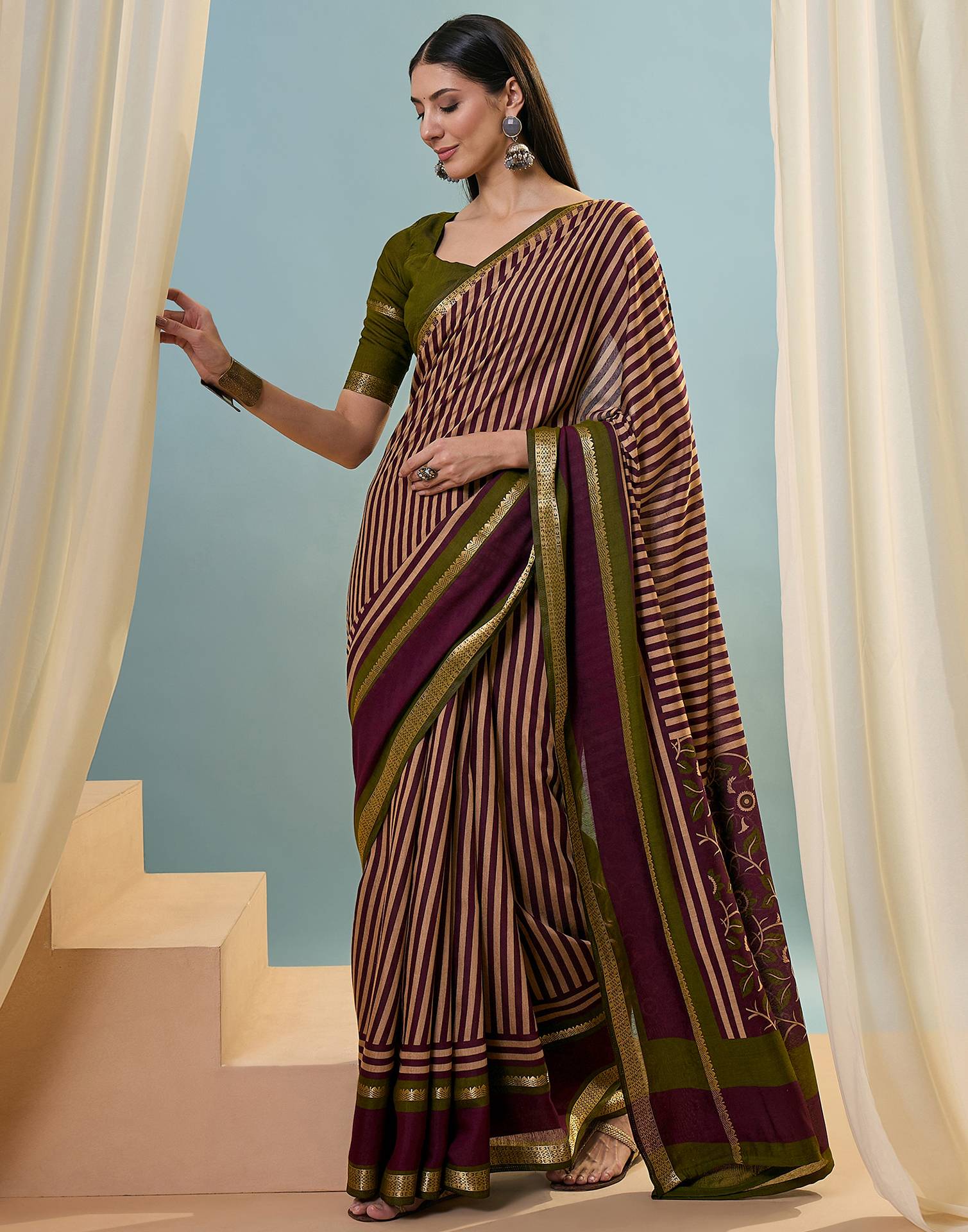 Wine Cotton Printed Saree