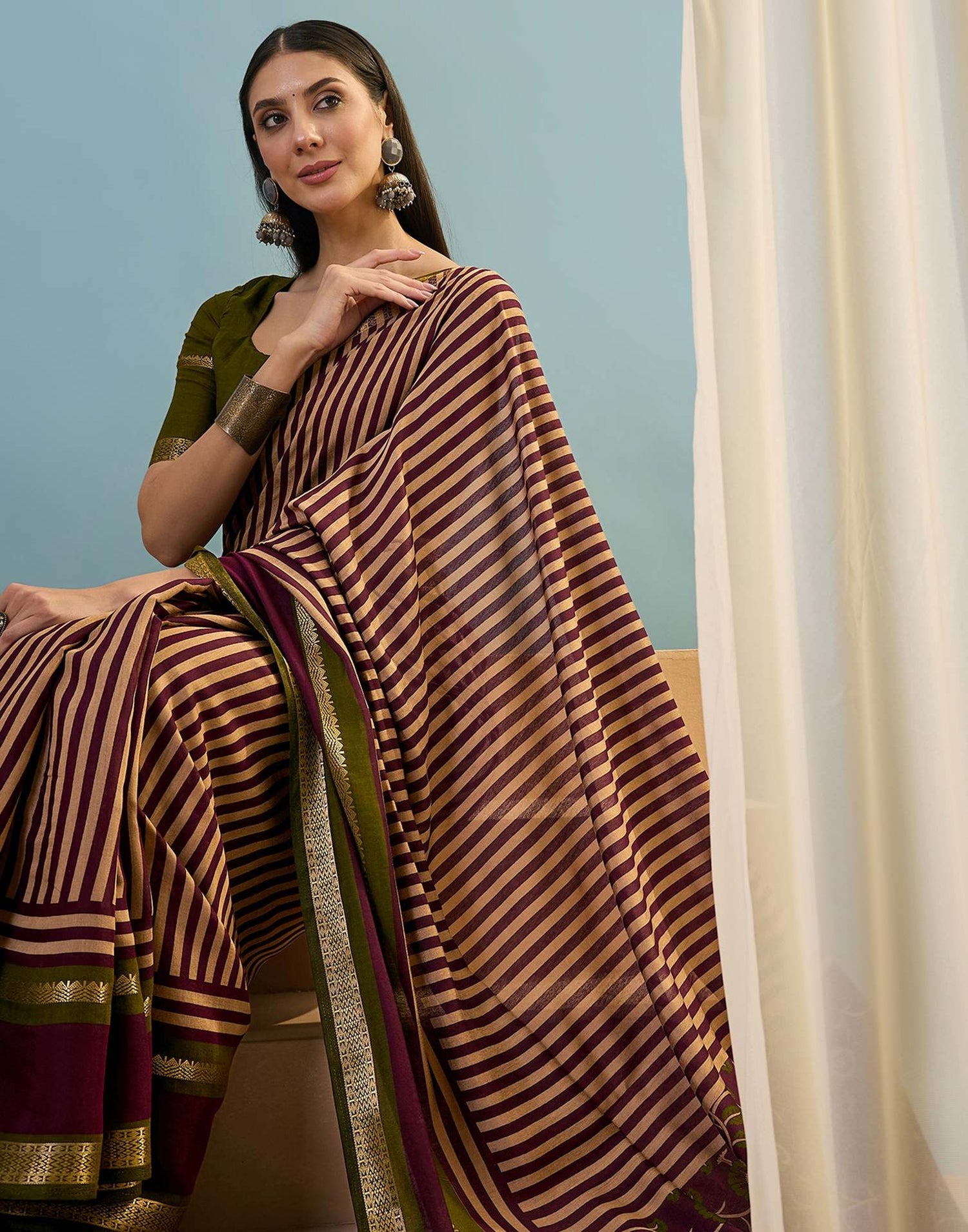 Wine Cotton Printed Saree