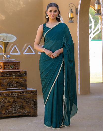 Teal Blue Crush Silk Pearl Lace Saree
