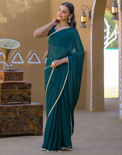 Teal Blue Crush Silk Pearl Lace Saree