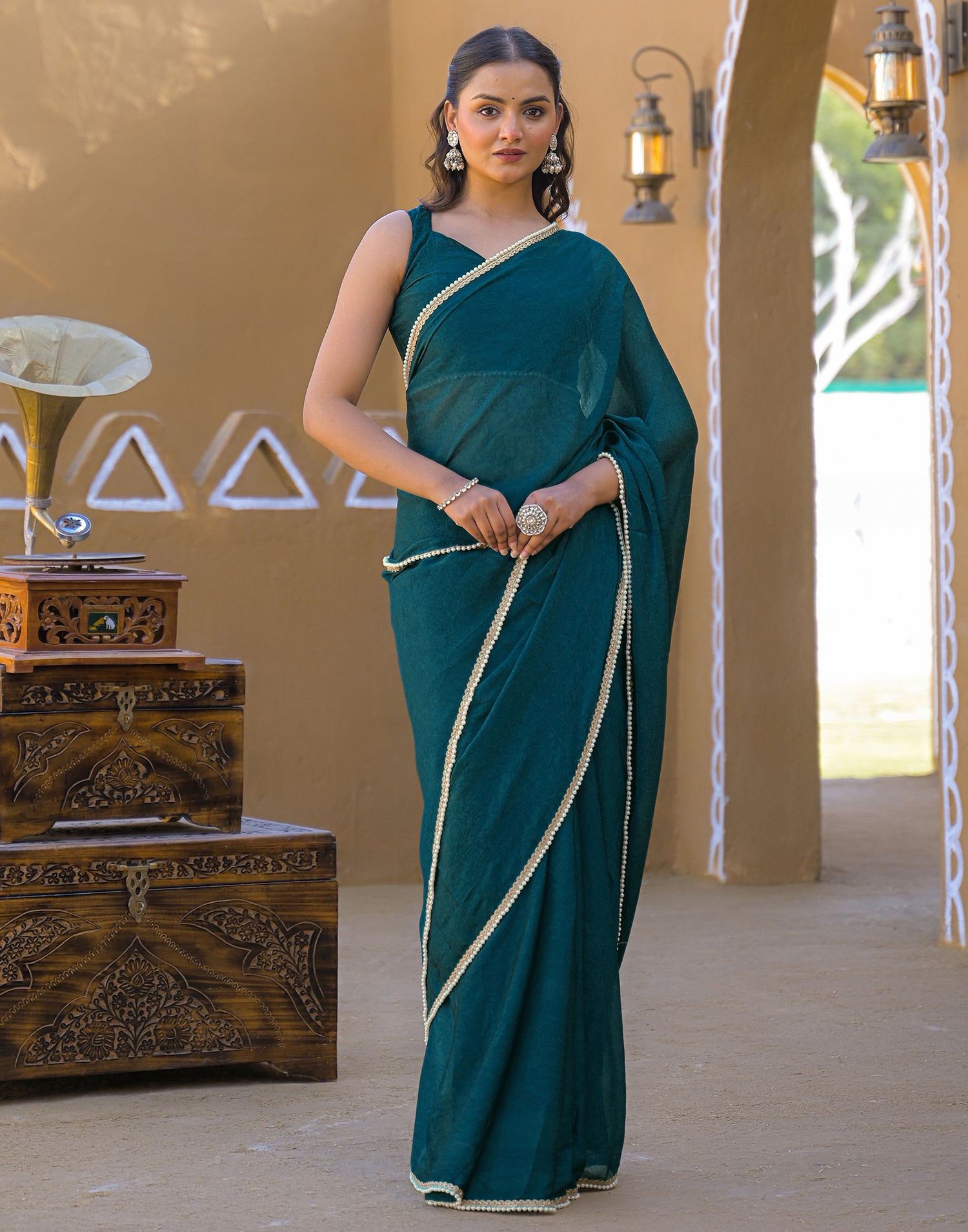 Teal Blue Crush Silk Pearl Lace Saree