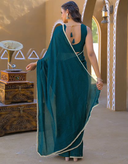Teal Blue Crush Silk Pearl Lace Saree