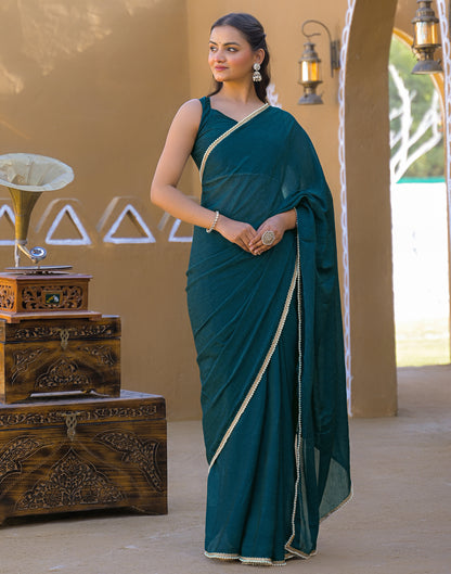 Teal Blue Crush Silk Pearl Lace Saree
