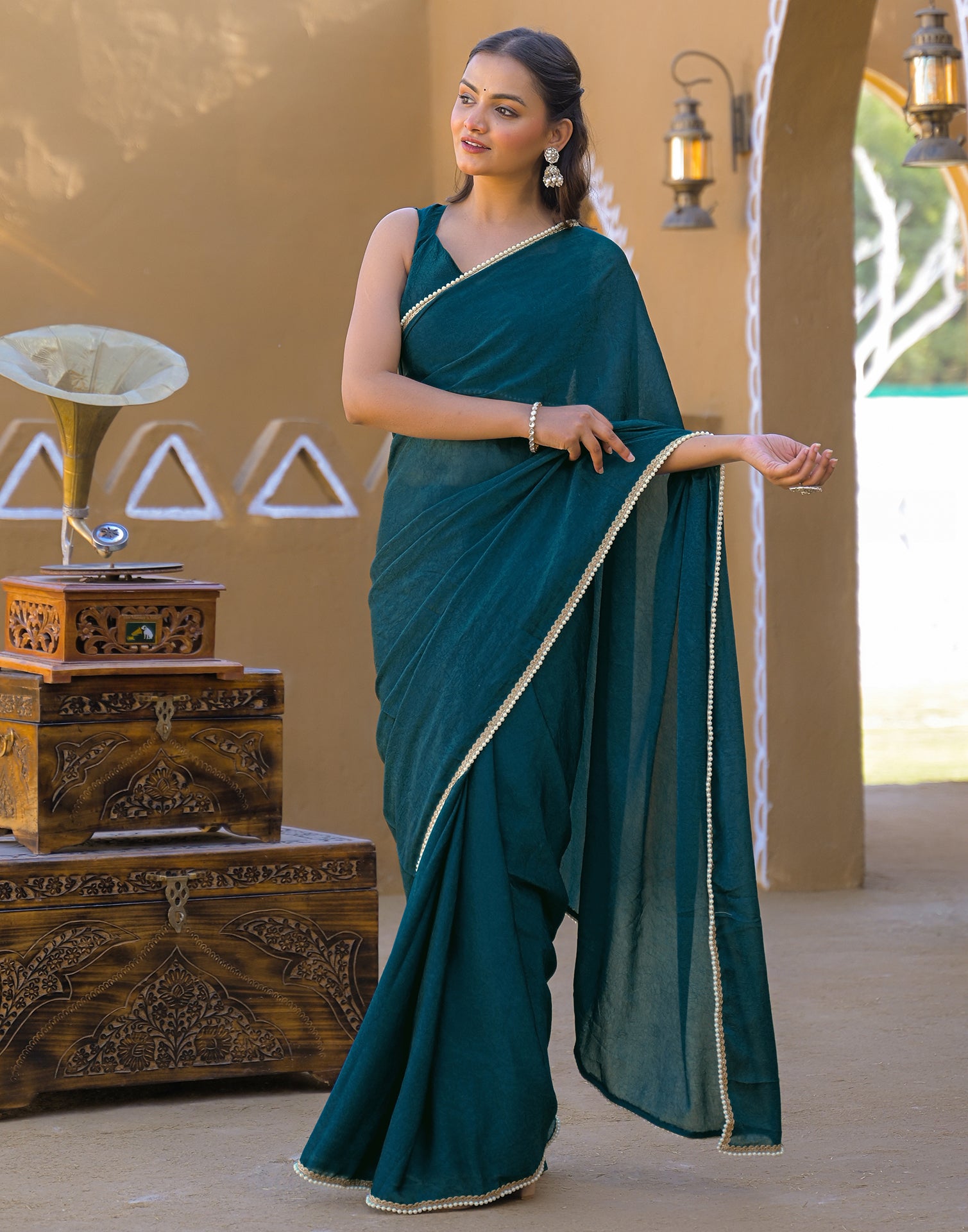 Teal Blue Crush Silk Pearl Lace Saree