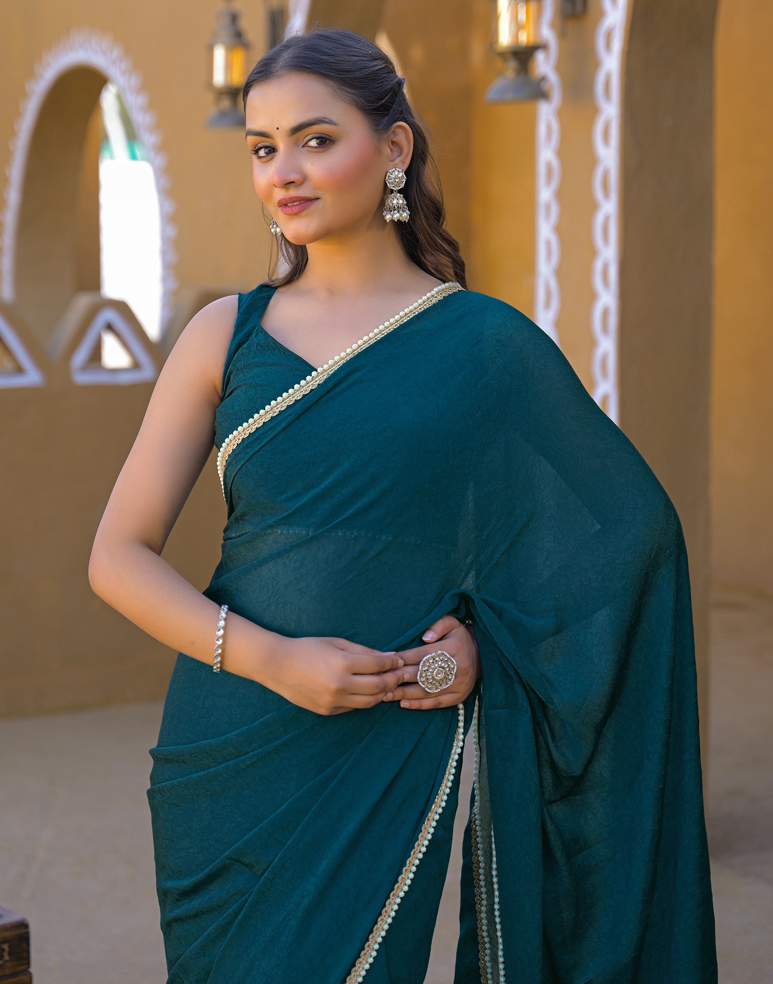 Teal Blue Crush Silk Pearl Lace Saree