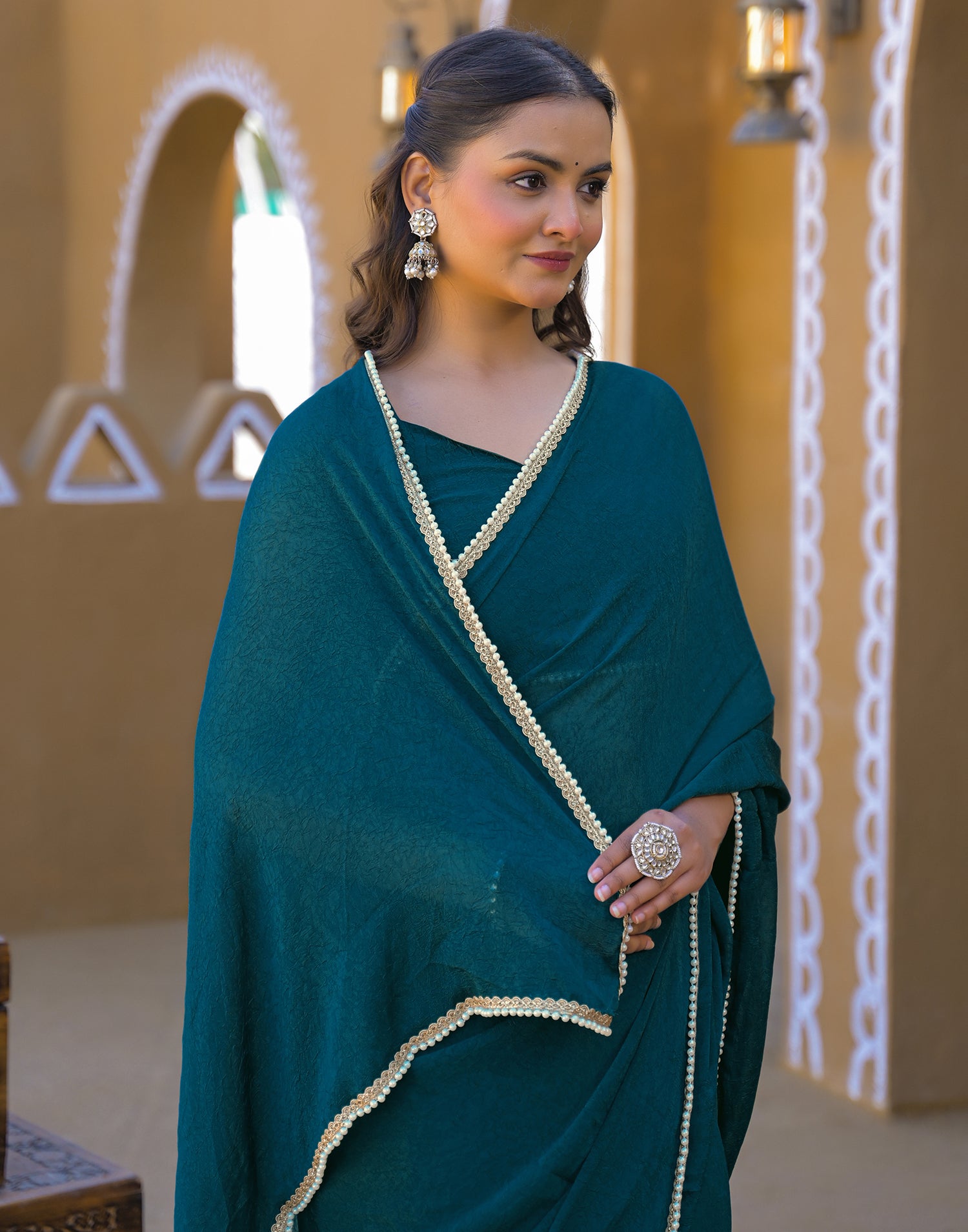 Teal Blue Crush Silk Pearl Lace Saree