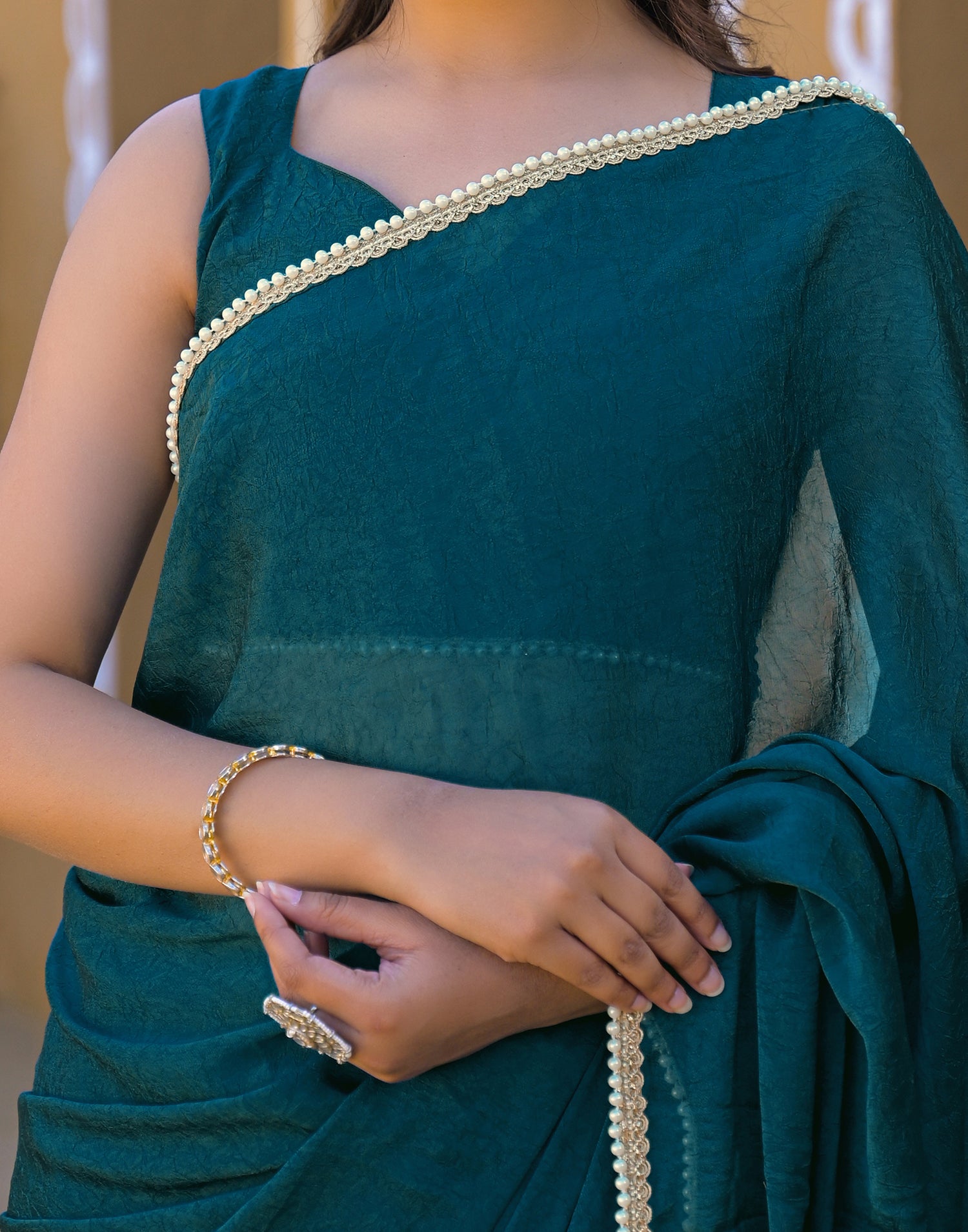 Teal Blue Crush Silk Pearl Lace Saree