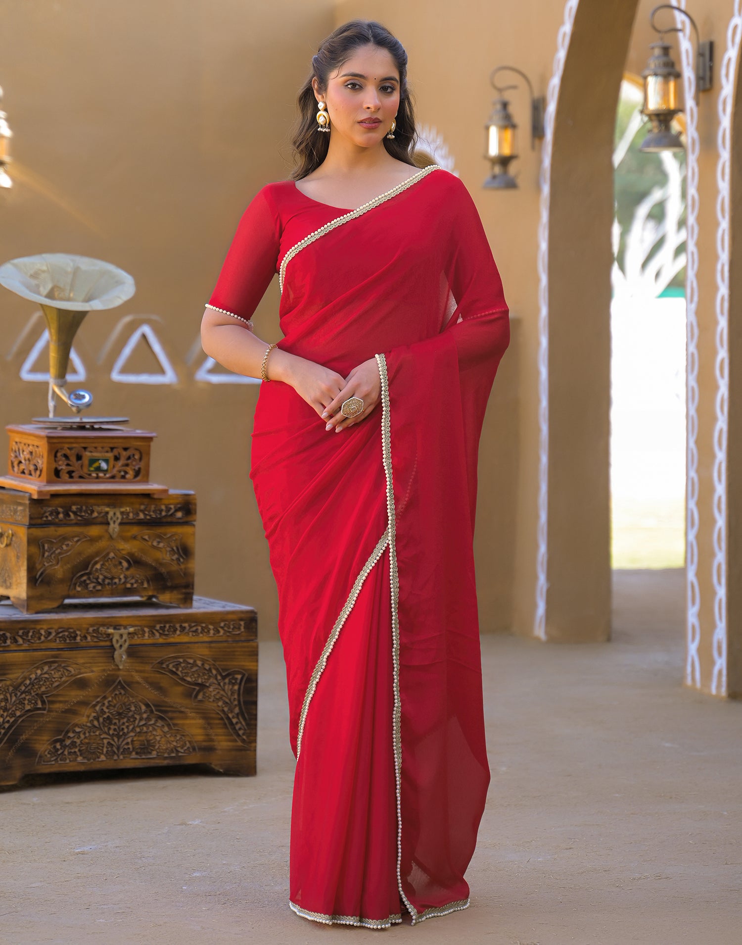Red Crush Silk Pearl Lace Saree