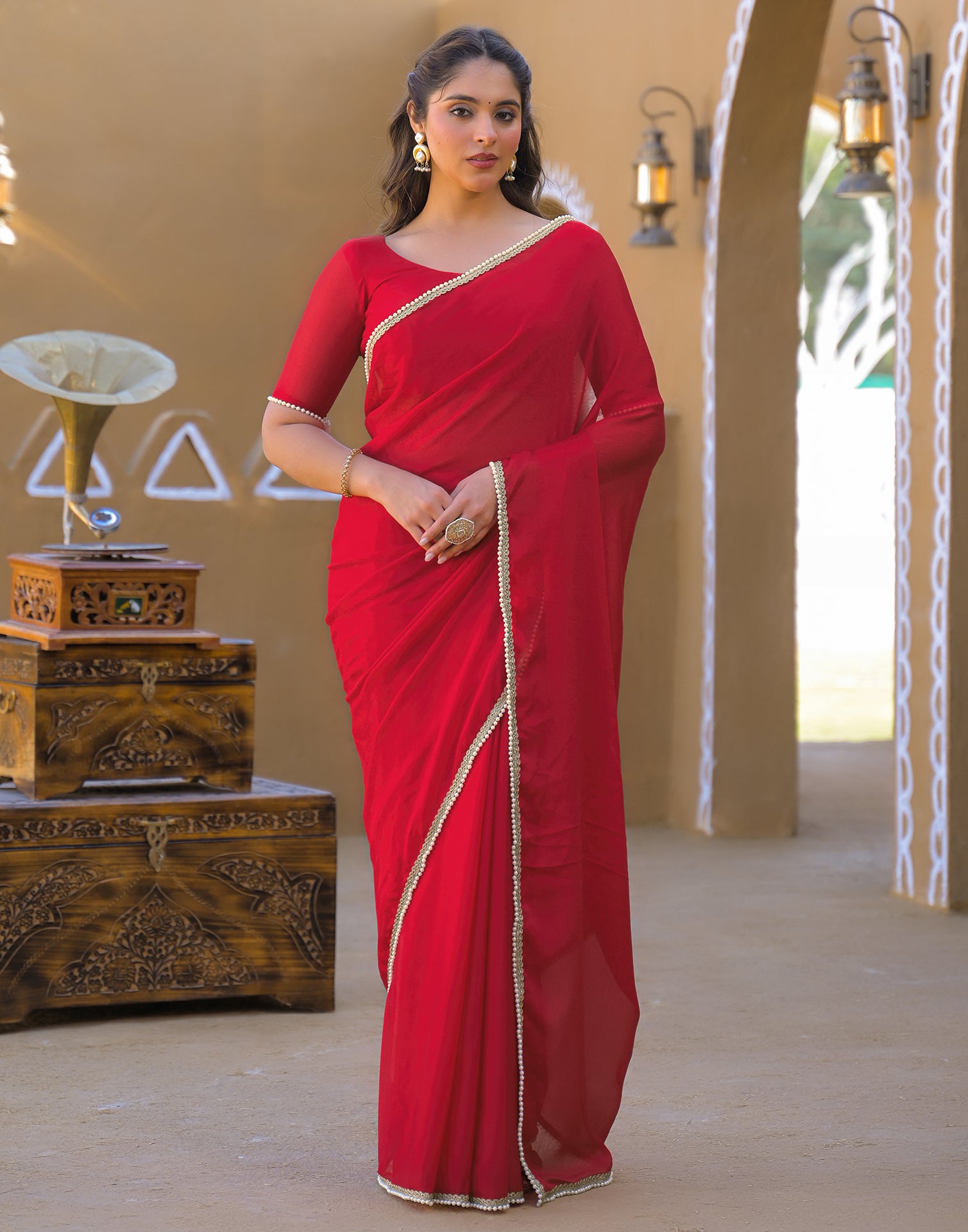 Red Crush Silk Pearl Lace Saree