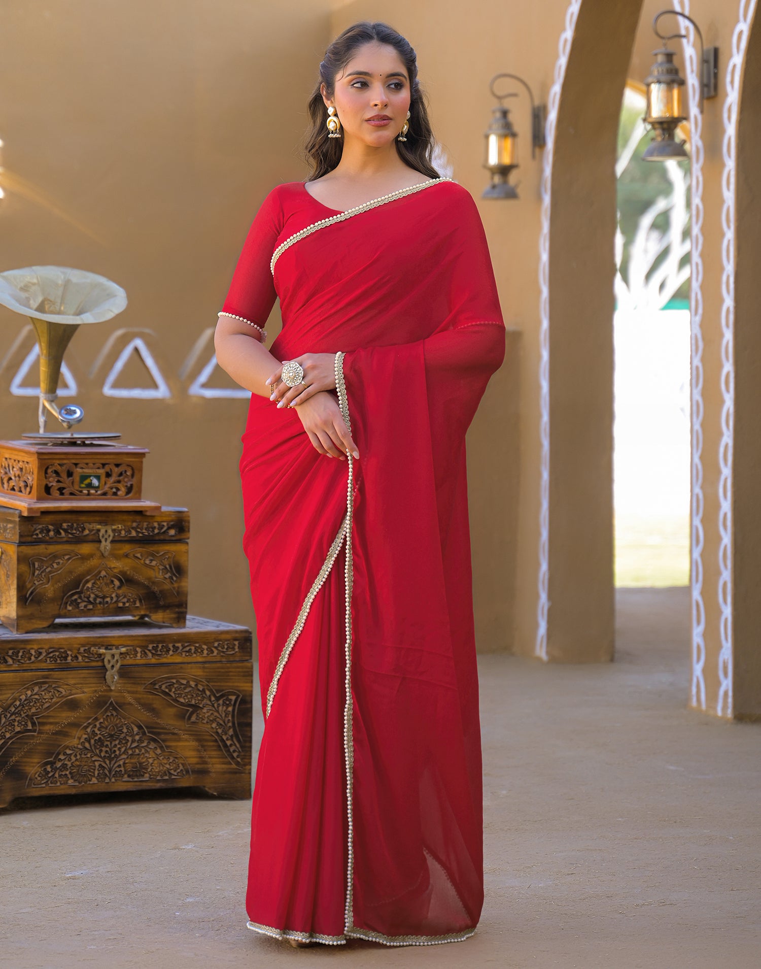 Red Crush Silk Pearl Lace Saree