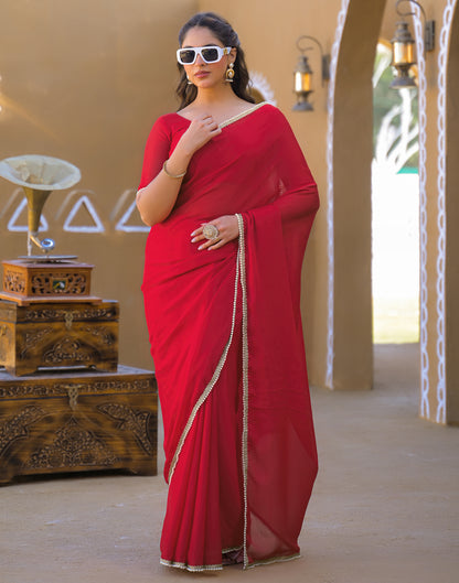 Red Crush Silk Pearl Lace Saree
