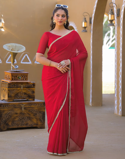 Red Crush Silk Pearl Lace Saree