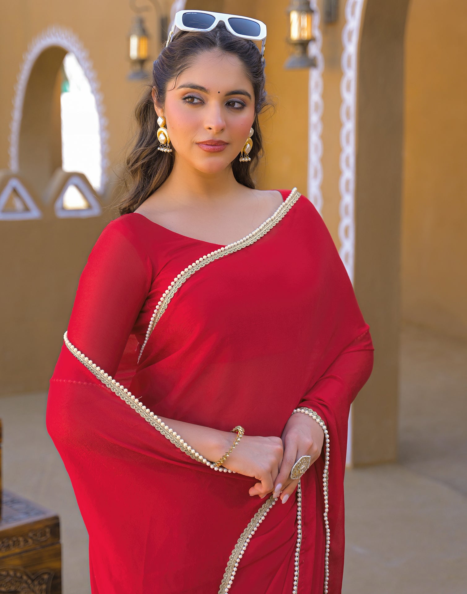 Red Crush Silk Pearl Lace Saree