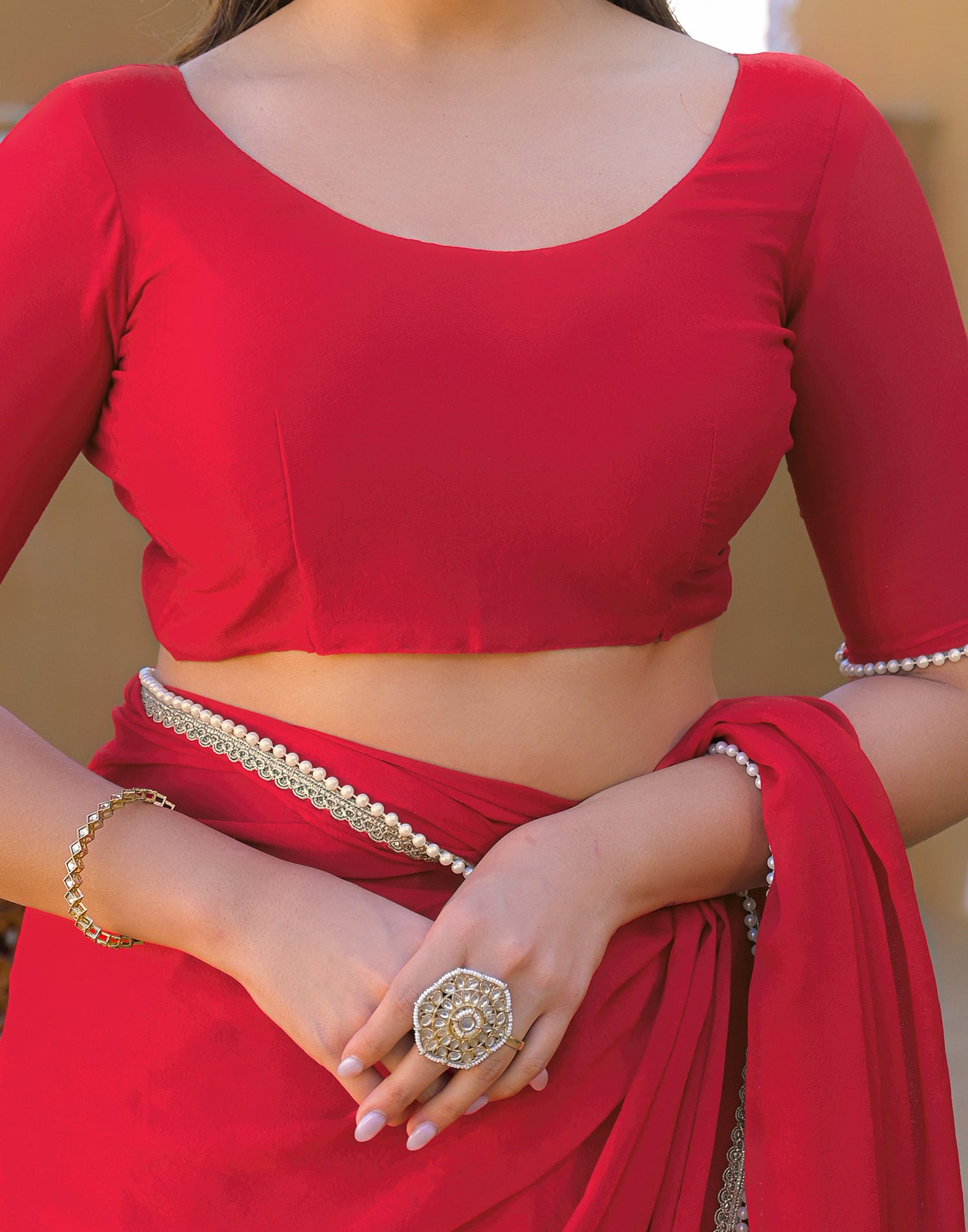 Red Crush Silk Pearl Lace Saree