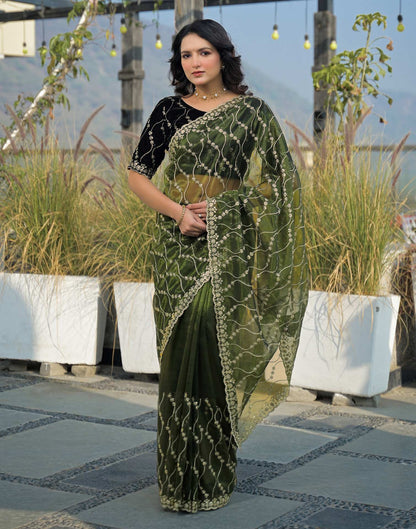 Mehandi Green Net Sequence Embroidery Saree