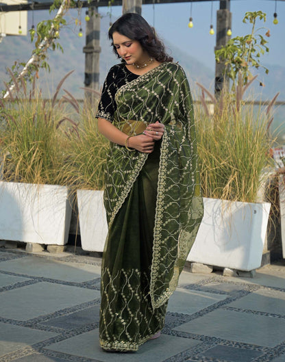 Mehandi Green Net Sequence Embroidery Saree