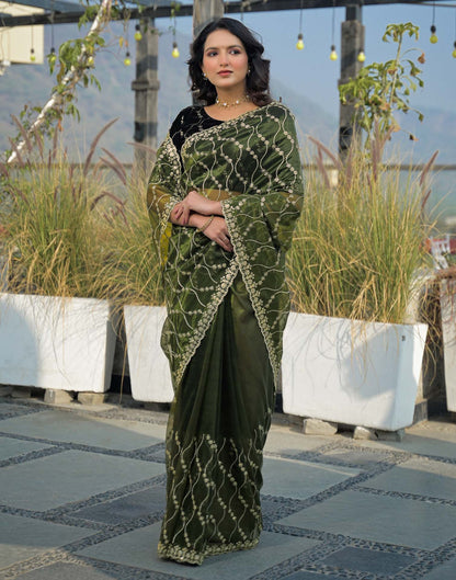 Mehandi Green Net Sequence Embroidery Saree