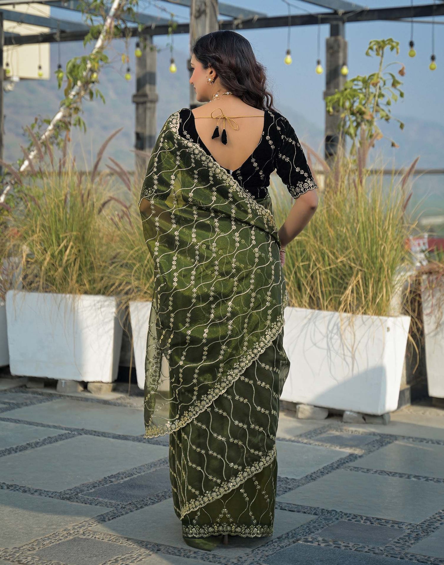 Mehandi Green Net Sequence Embroidery Saree