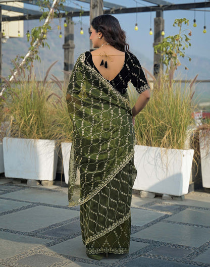 Mehandi Green Net Sequence Embroidery Saree
