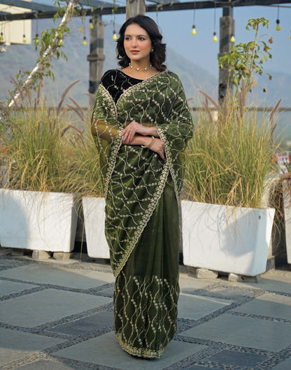 Mehandi Green Net Sequence Embroidery Saree