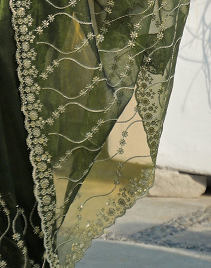 Mehandi Green Net Sequence Embroidery Saree