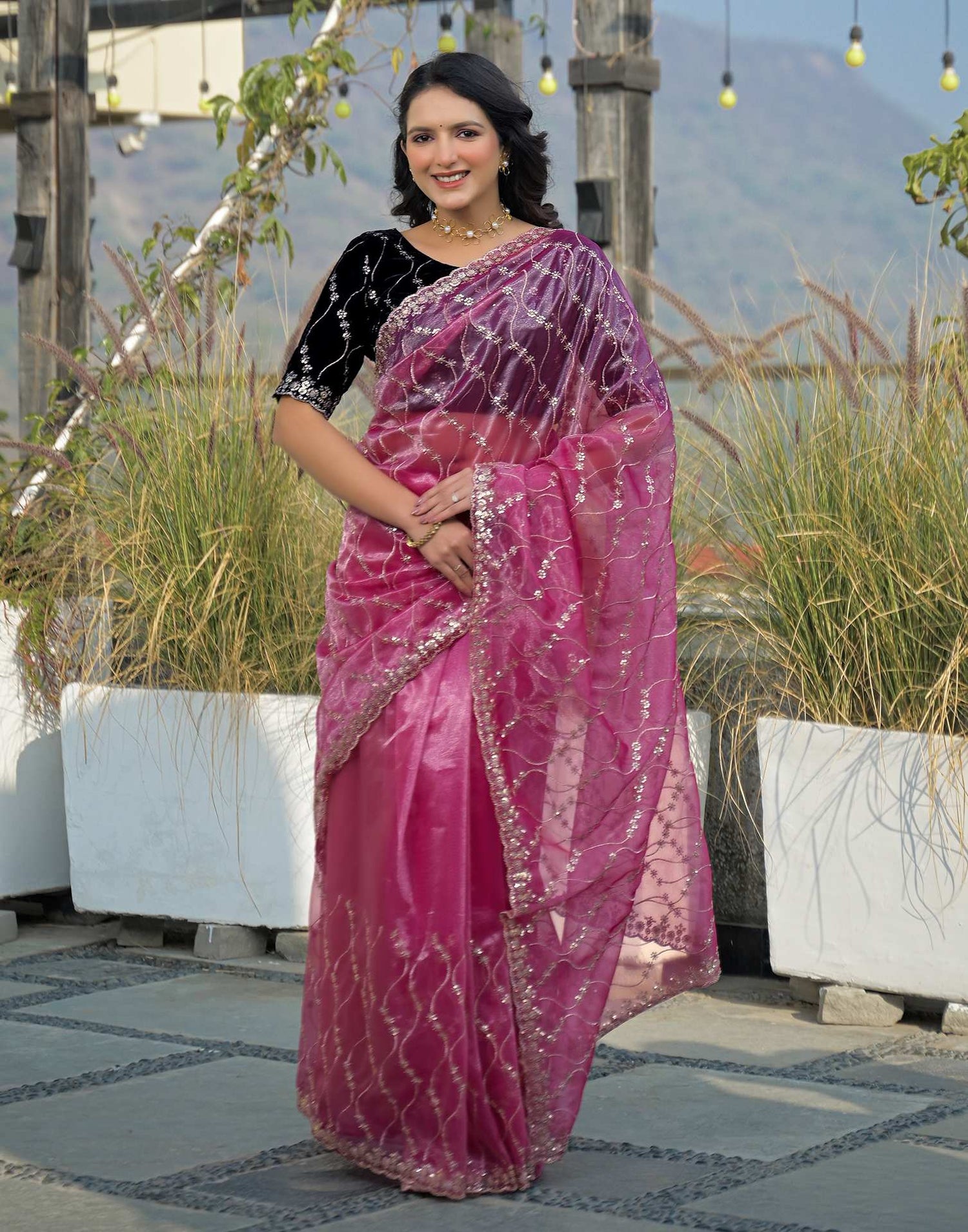 Pink Net Sequence Embroidery Saree