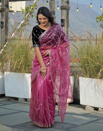 Pink Net Sequence Embroidery Saree