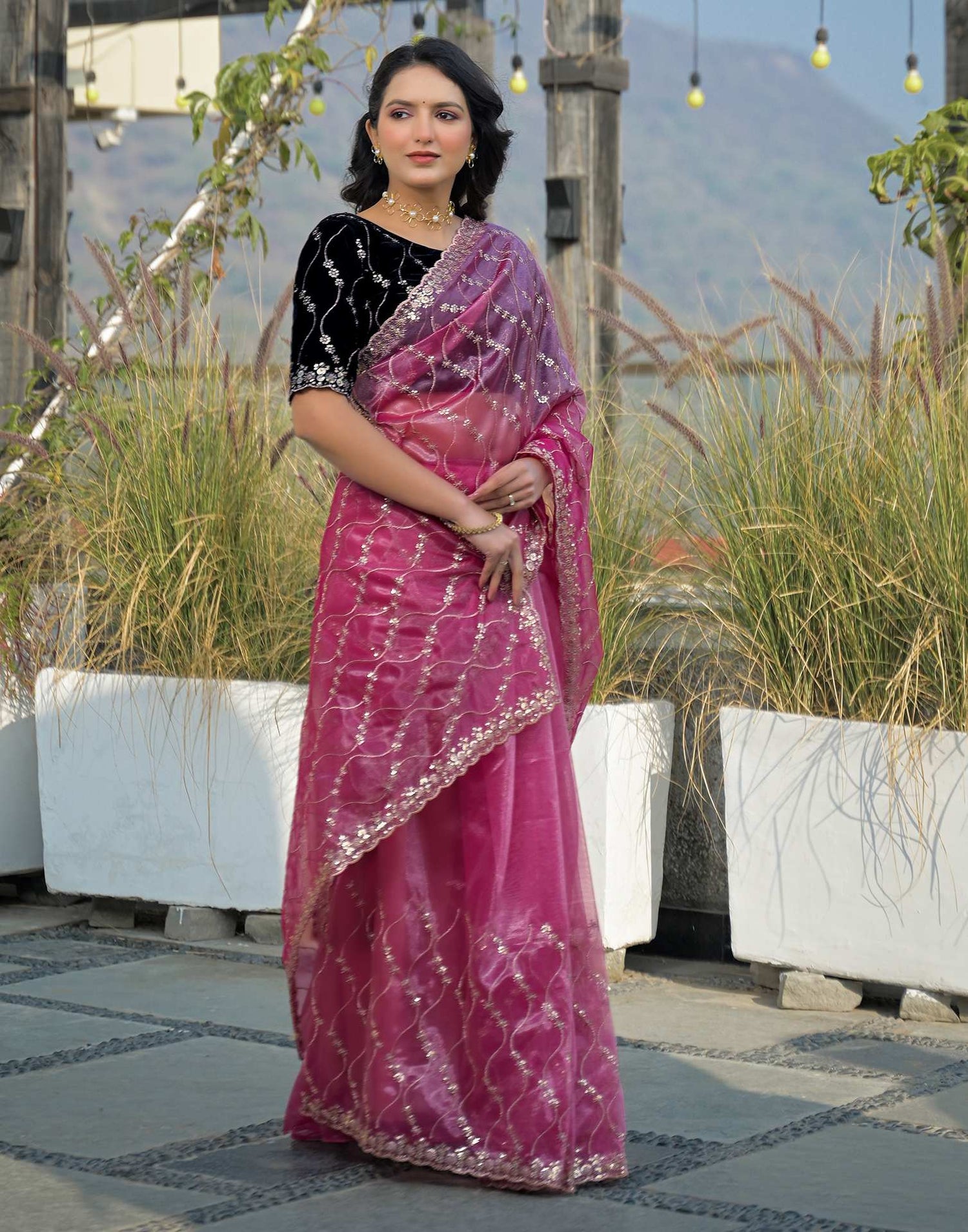 Pink Net Sequence Embroidery Saree