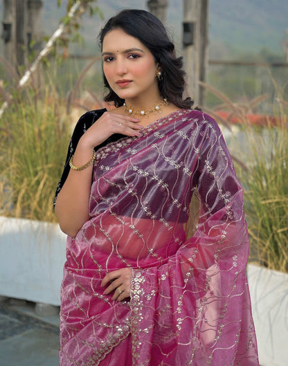 Pink Net Sequence Embroidery Saree