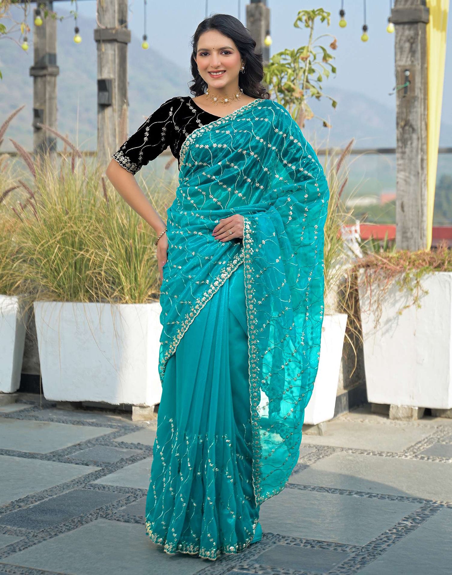 Turquoise Blue Net Sequence Embroidery Saree