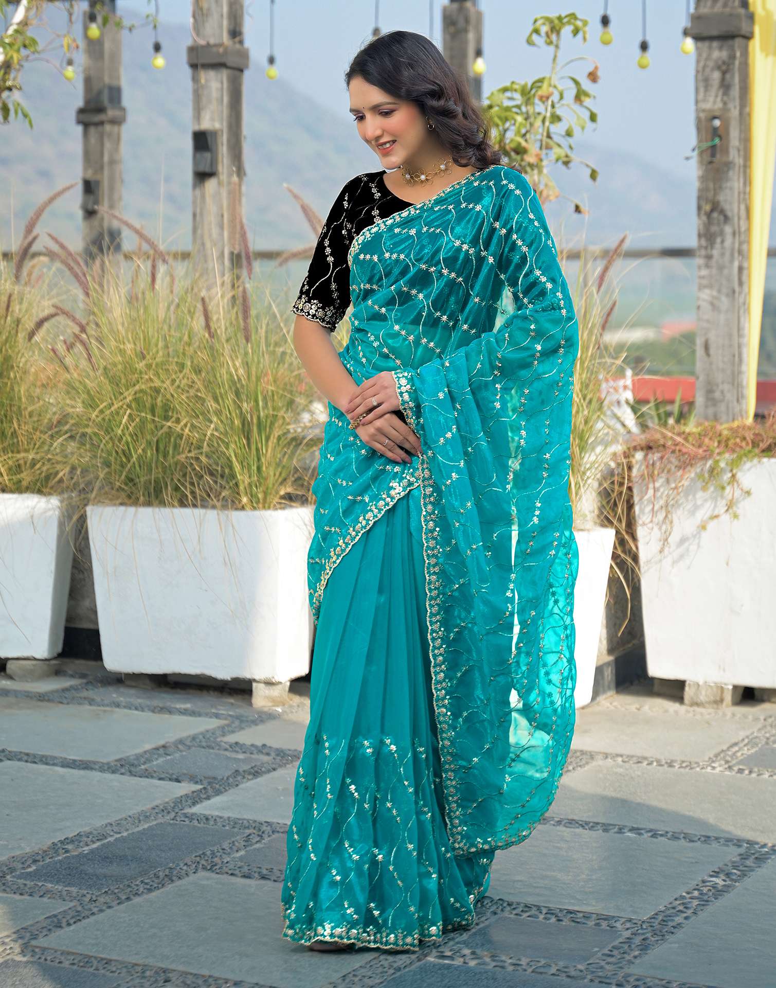 Turquoise Blue Net Sequence Embroidery Saree