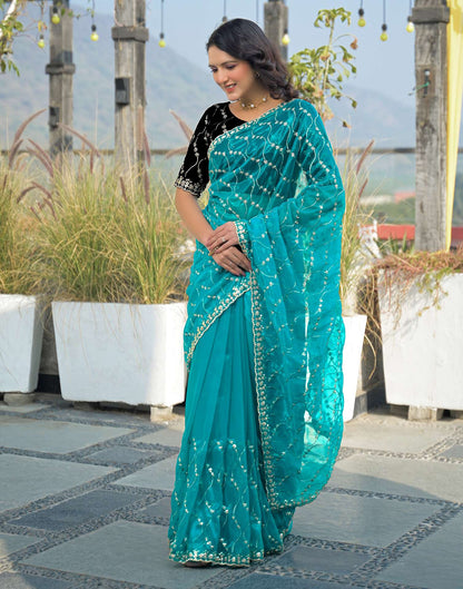 Turquoise Blue Net Sequence Embroidery Saree