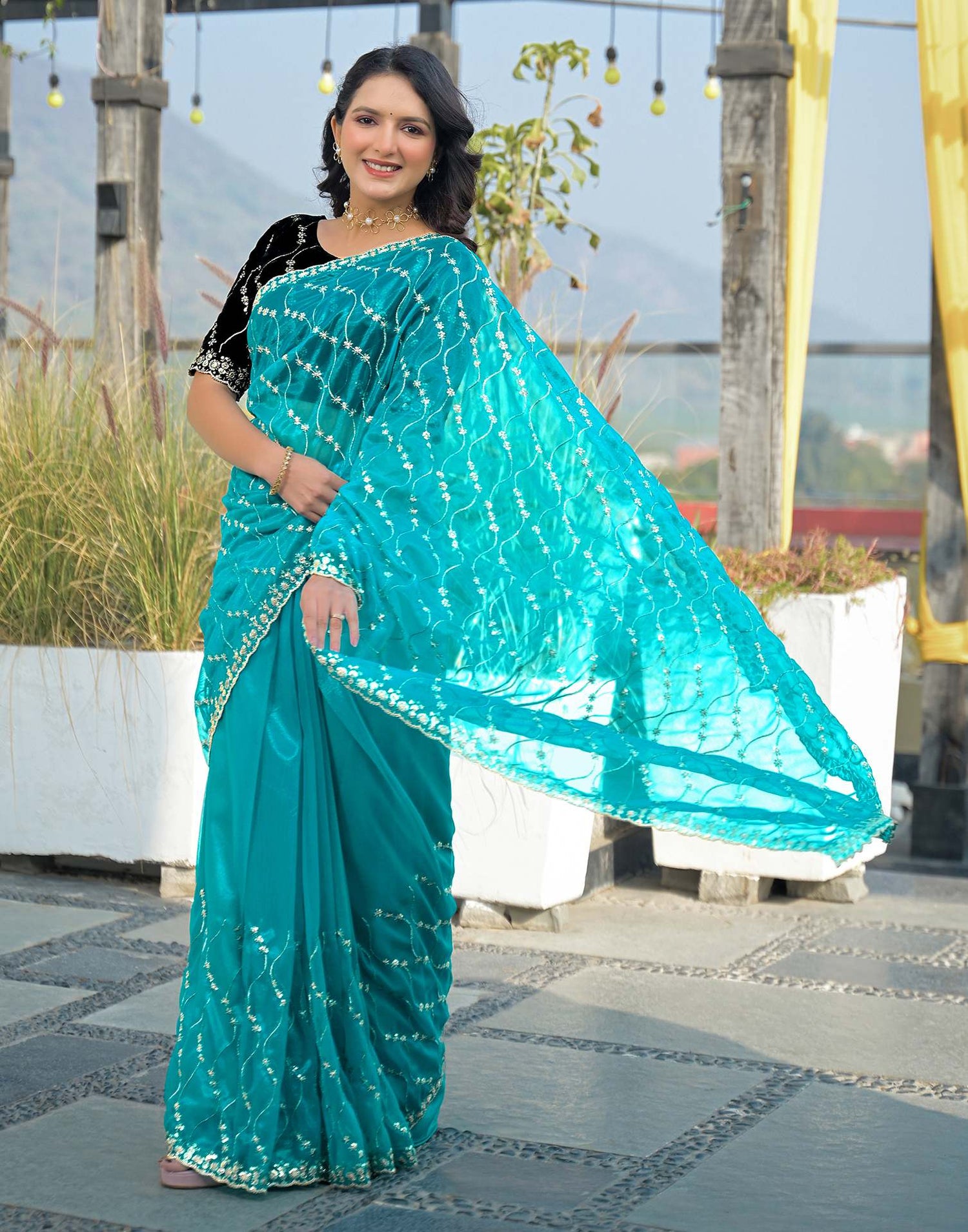 Turquoise Blue Net Sequence Embroidery Saree