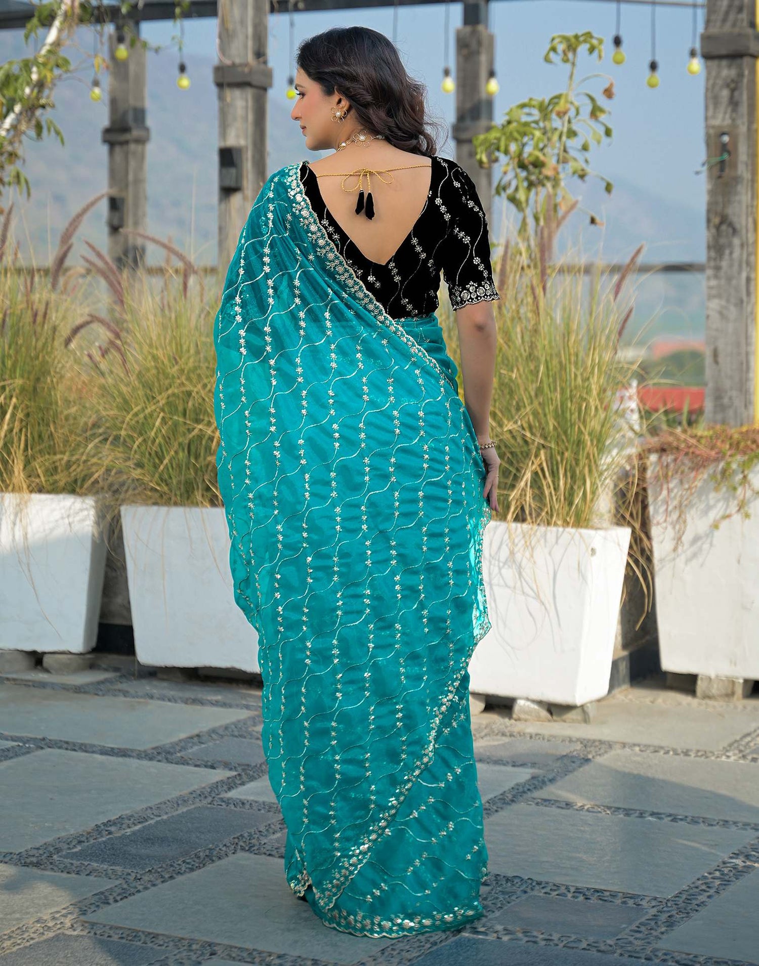 Turquoise Blue Net Sequence Embroidery Saree