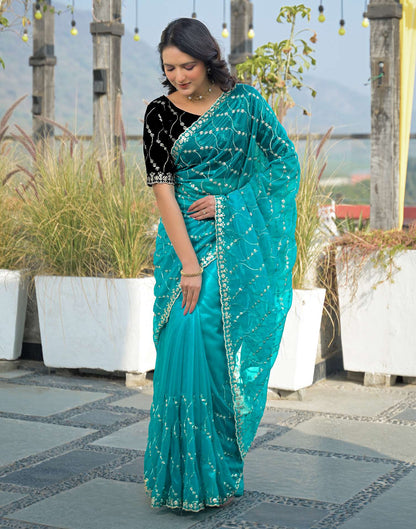 Turquoise Blue Net Sequence Embroidery Saree